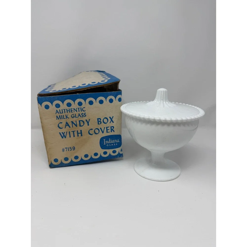 Indiana Glass Milk Glass Candy Box with Cover White Beaded Pedestal Dish Vintage